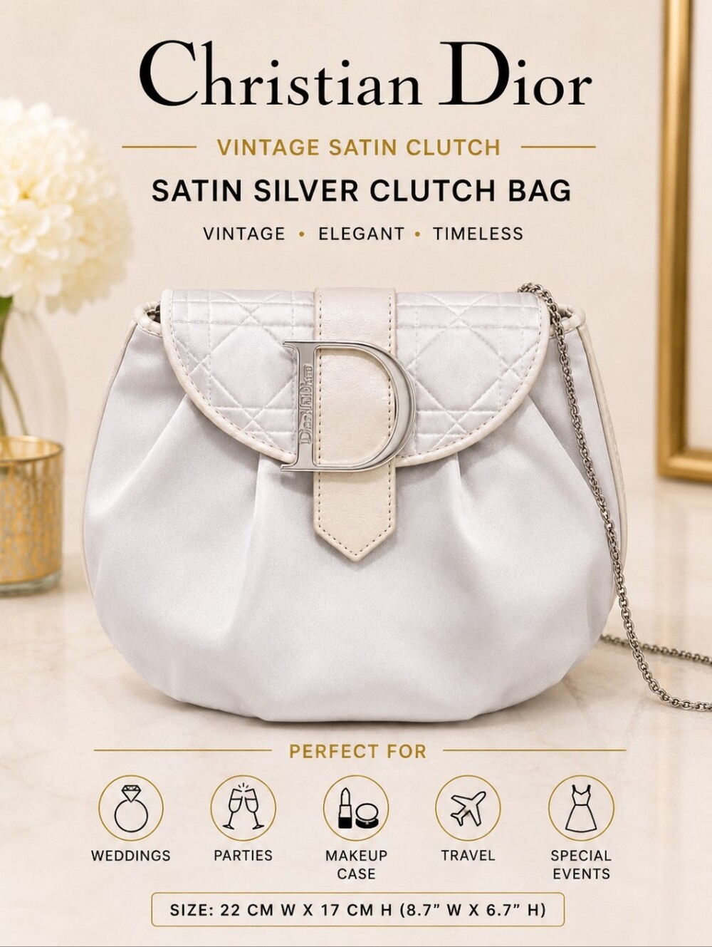 CHRISTIAN DIOR Vintage Satin Silver Clutch Bag Pouch | "D” Logo | Silver Chain